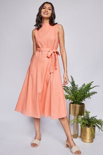 Peach Solid Flared Dress, , image 1